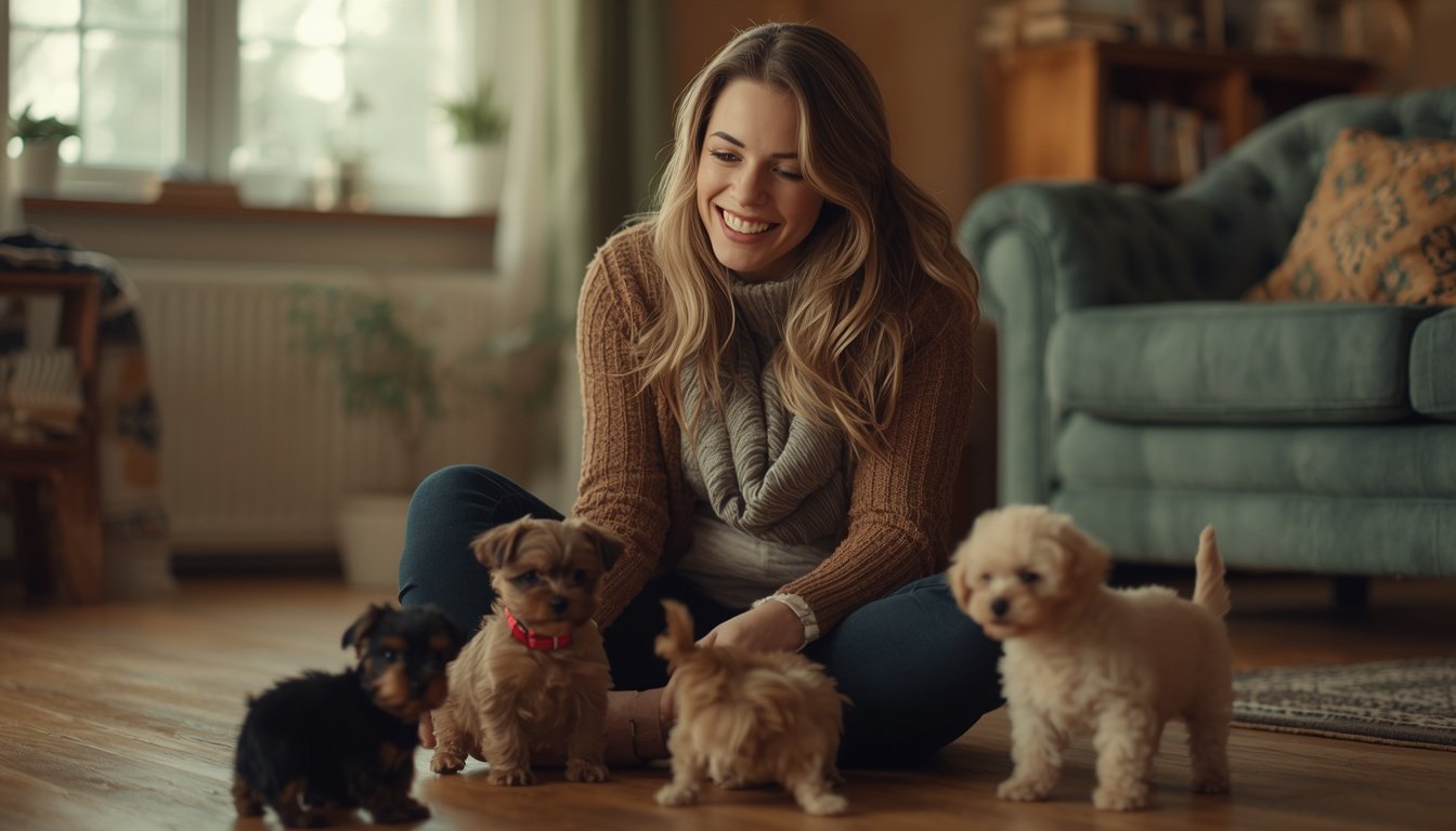 Royal Paws Kennel founder sitting with a litter of toy-breed puppies at home