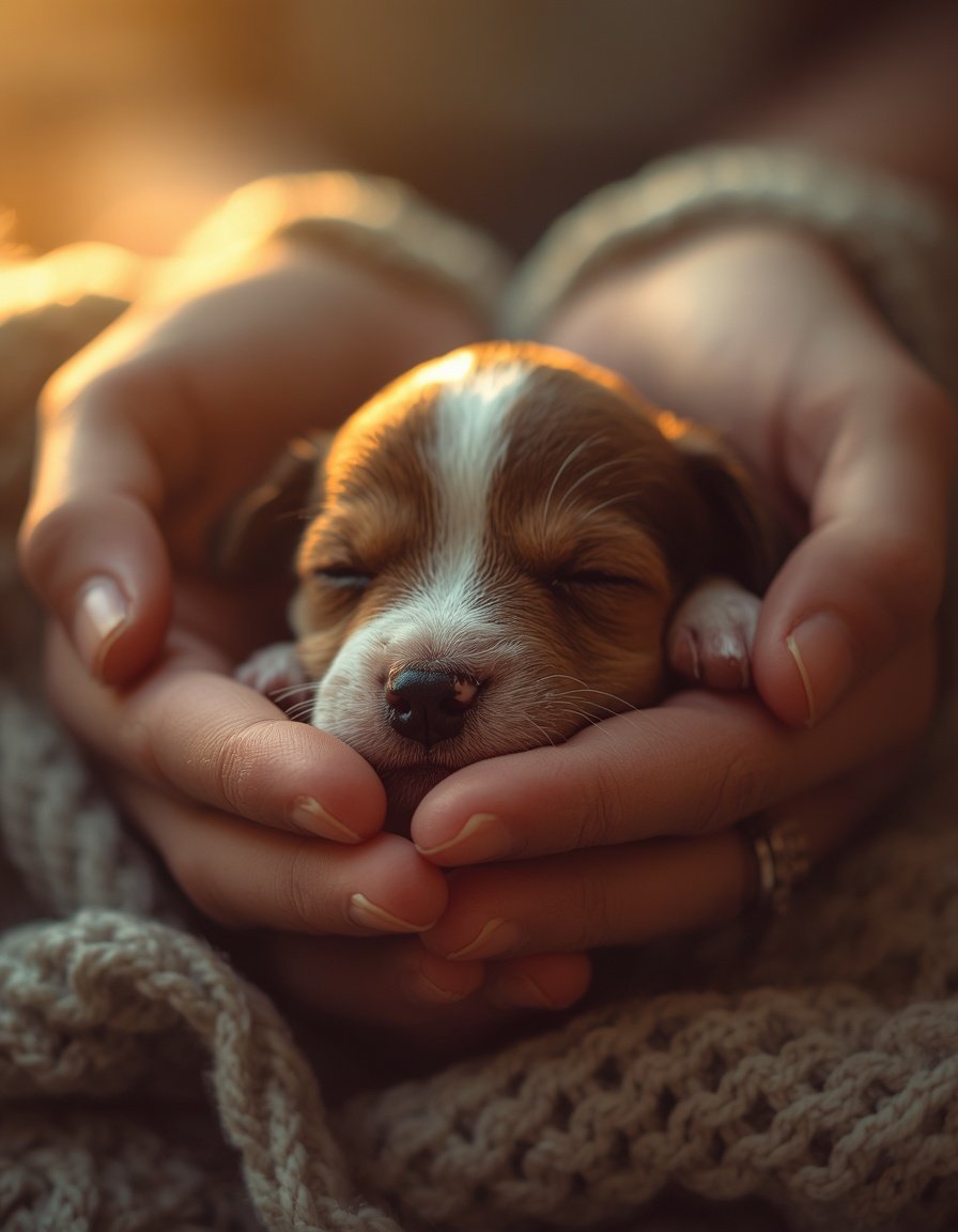 A toy-breed puppy from Royal Paws Kennel sleeping in cupped hands